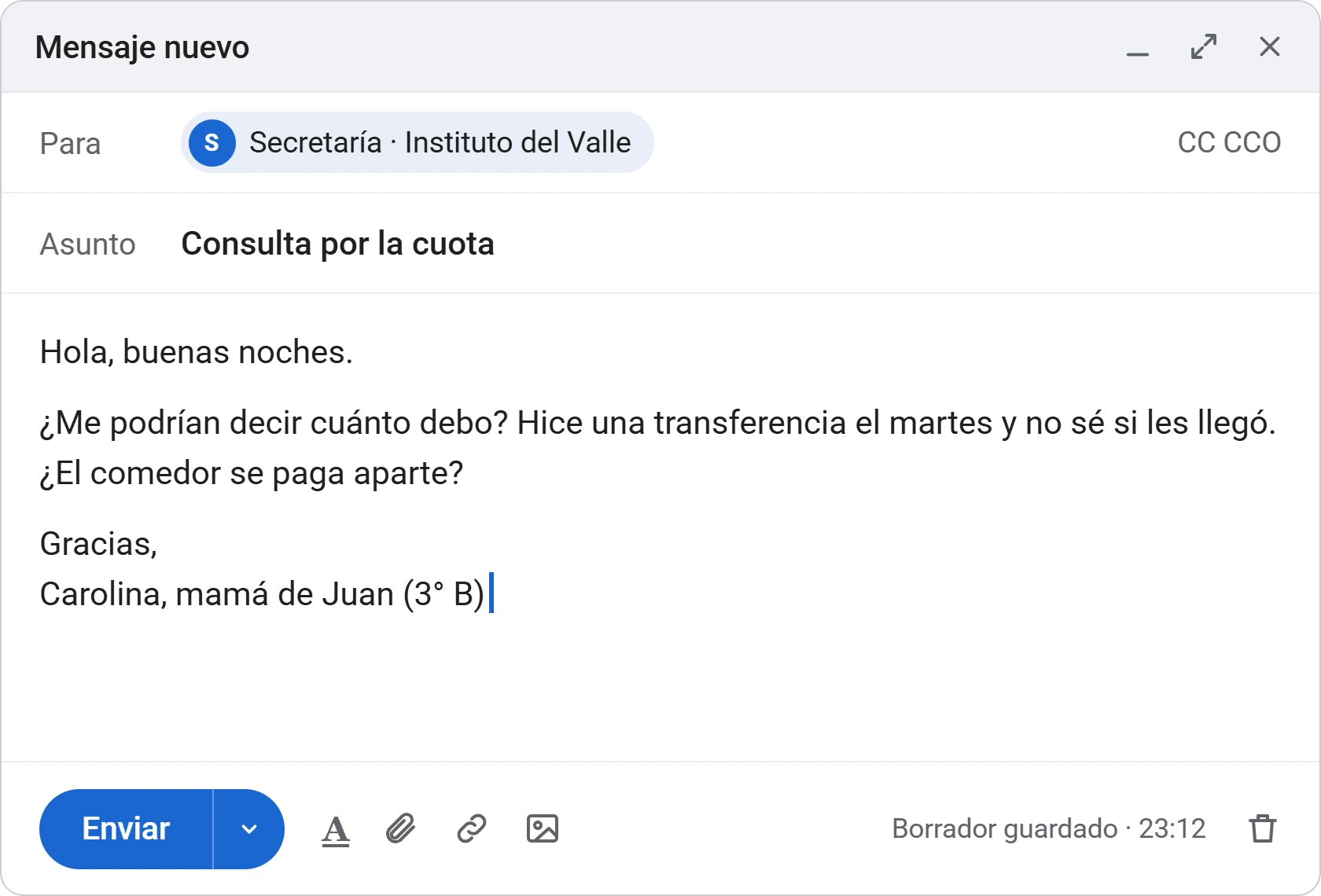 Mail a secretaría preguntando por la cuota